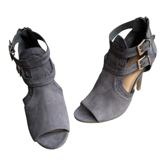 Lauren Conrad Gray Peep Toe Bootie Size 8 M Gold Buckles Back Zip Stiletto Heel - Picture 4 of 10